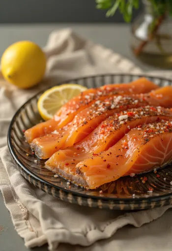 Gravlax med chiliflakes, serverad med färsk dill och citron