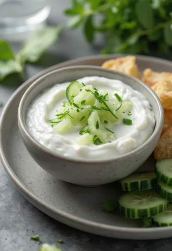 Yoghurt- och gurksås serverad med färska grönsaker