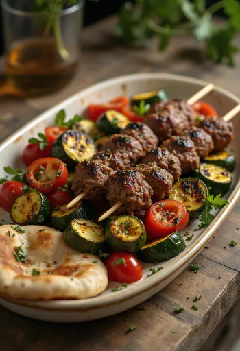 Grillad kebab serverad med grönsaker