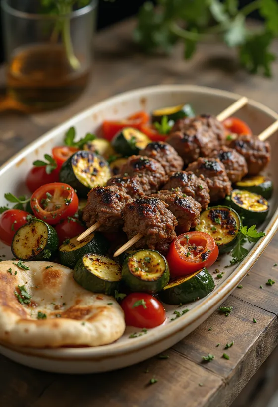 Grillad kebab serverad med grönsaker