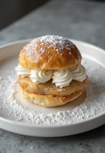 Semla med mandelmassa, gräddbakelse strödd med florsocker i rustik servering