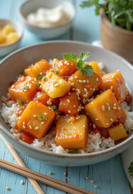 Friterad tofu i sötsur sås med paprika och ananas