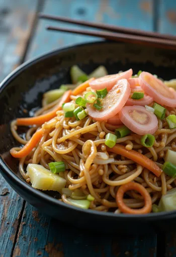 Yakisoba med grönsaker, stekta nudlar serverade med färgglada grönsaker
