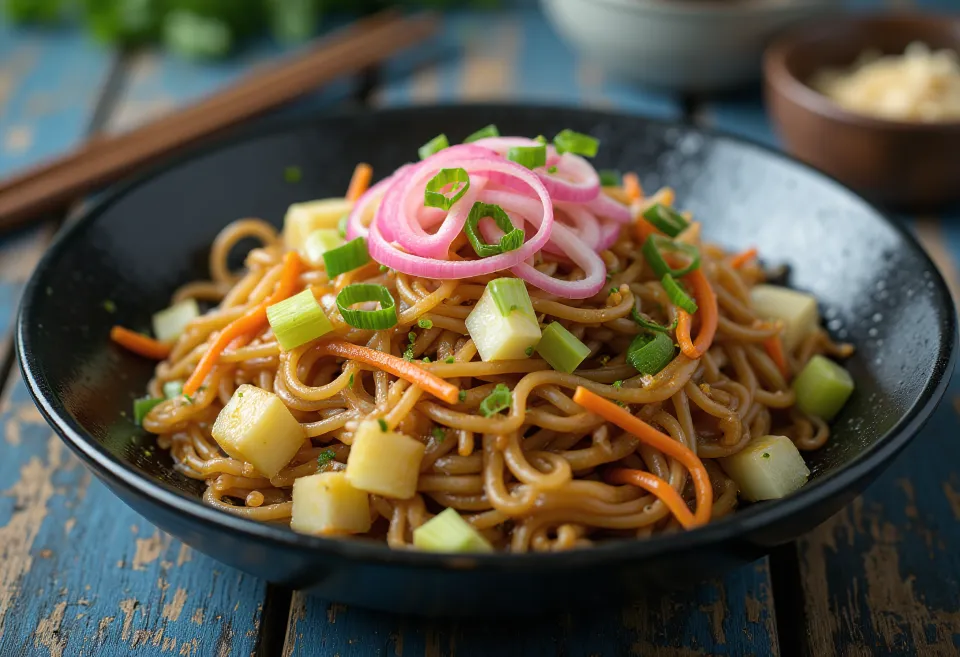 Yakisoba med grönsaker, stekta nudlar serverade med färgglada grönsaker