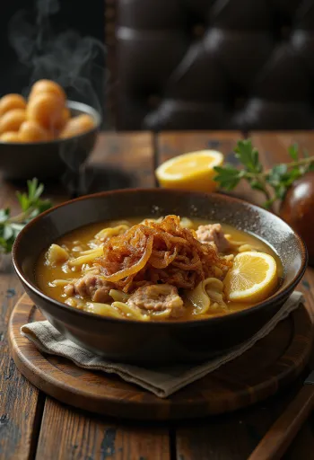 Turkisk soppa Kelle Paça berikad med stekt lök och örter