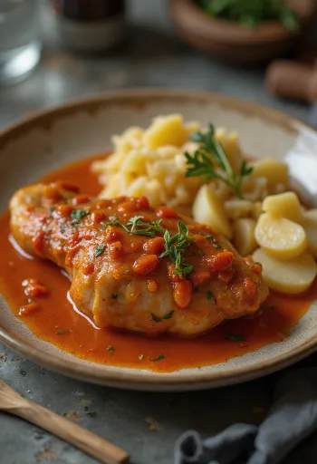 Pörkölt med gåslår serverad