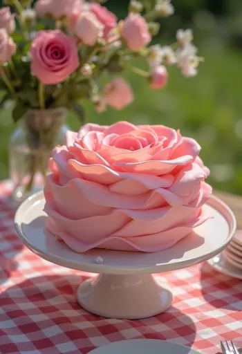 Rosformad tårta med rosa och grön fondantdekoration