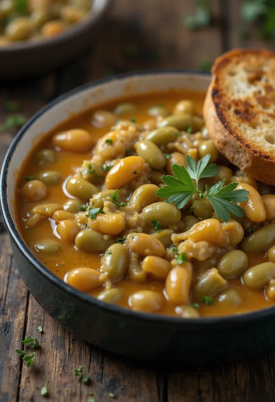 Gröna bönor-gryta i tjock, gräddfilssås, strösslad med färsk dill