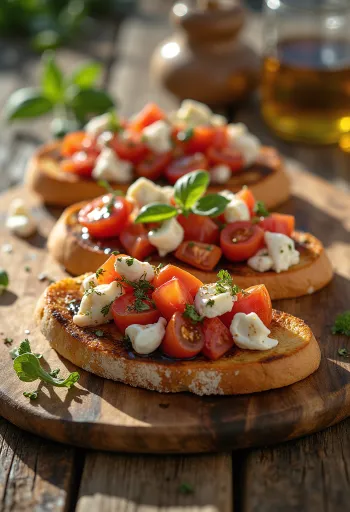 Bruschetta med mozzarellaost, dekorerad med tomater och basilika
