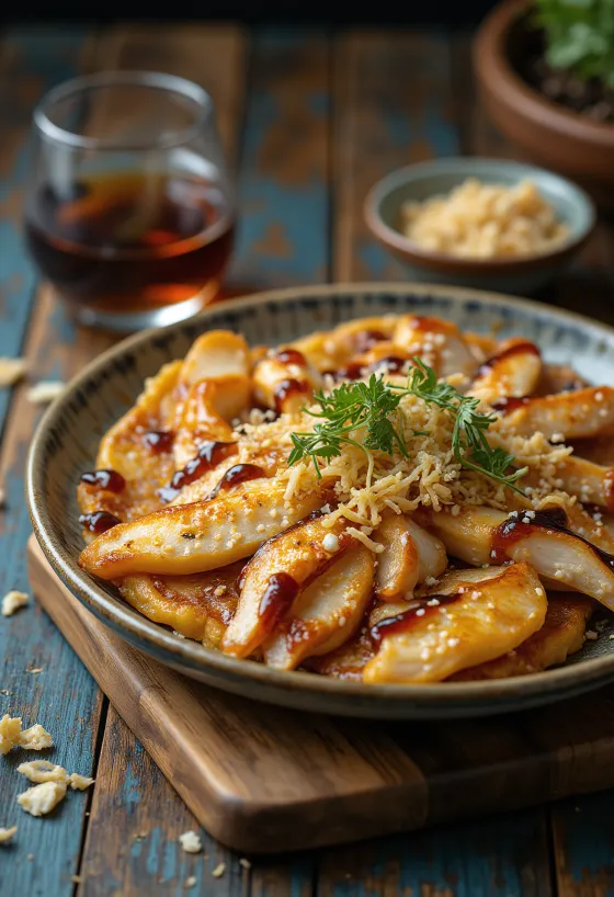 Okonomiyaki gjord med kyckling serverad, med okonomiyakisås och bonitoflingor