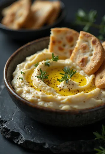 Aubergineröra med pitabröd och färsk persilja