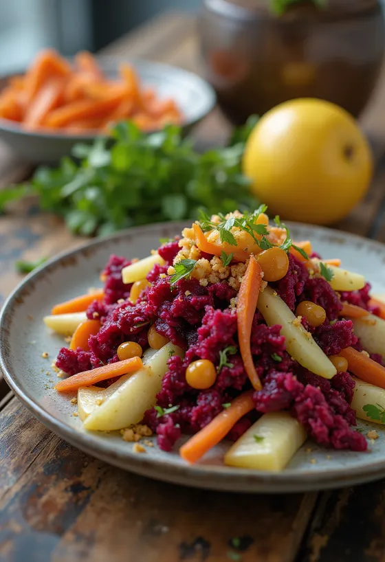 Prebiotisk sallad med rödbeta och äpple serverad med persilja