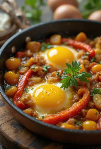 Ratatouille med färgglada rostade grönsaker, dekorerad med färska örter