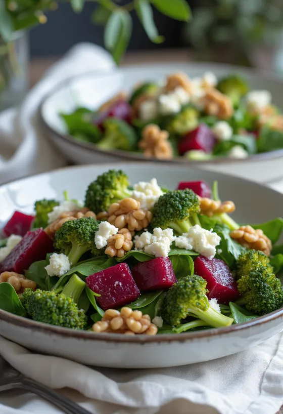 Sallad med rödbetor och broccoli med nötdressing