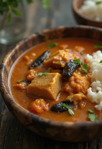 Egusi soup med rökt fisk, serverad i en rik kött- och grönsakssås.