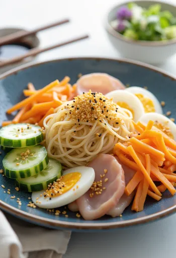 Hiyashi chuka kall japansk ramen med grönsaker och ägg