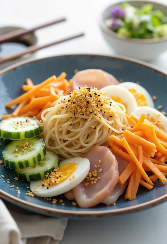 Hiyashi chuka kall japansk ramen med grönsaker och ägg