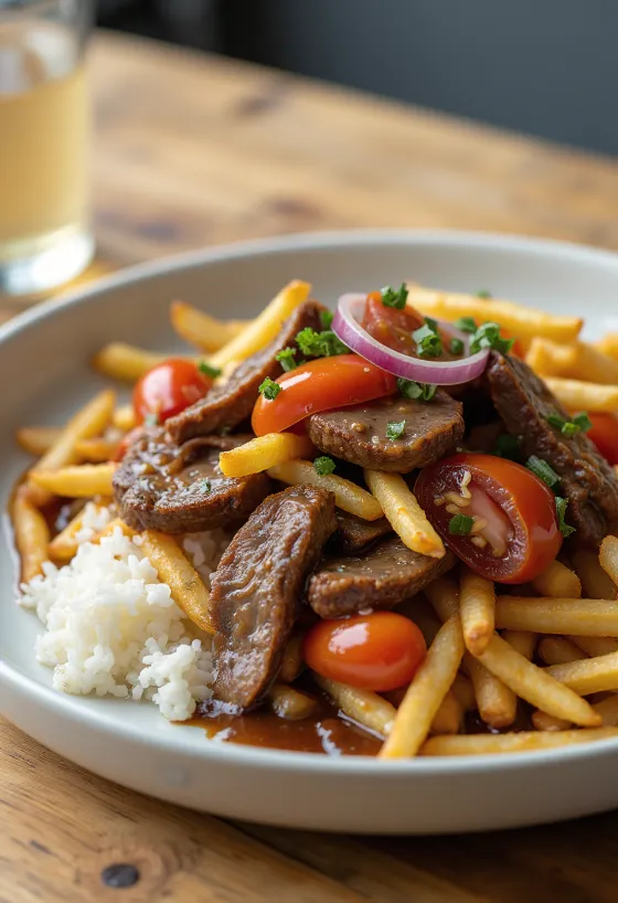 Lomo Saltado serverad med fläskkött, grönsaker och kokosaminos
