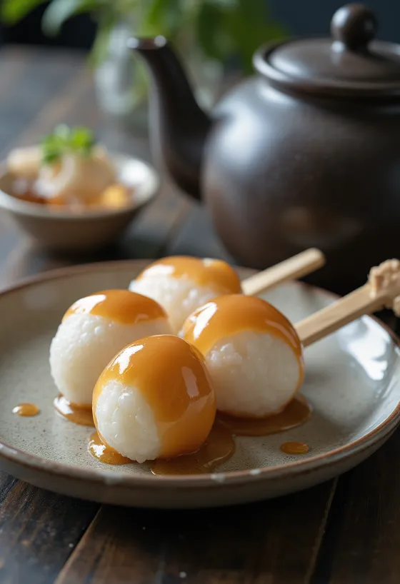 Mitarashi dango rismjölsbollar, dränkta i söt sojasås