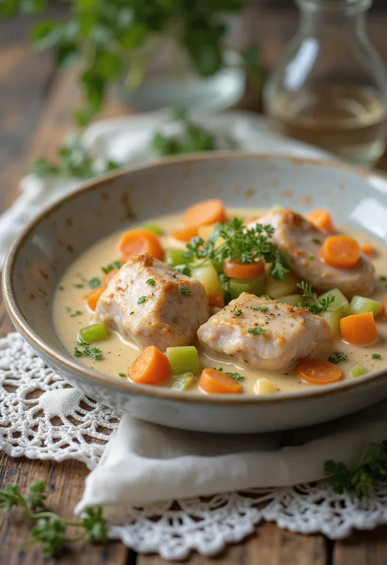 Kaninfrikassé serverad med krämig sås och garnerad med färsk persilja