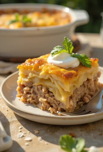 Traditionell ungersk kållåda, varvad med köttfärs och ris, serverad med gräddfil.