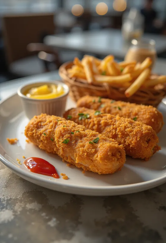 Gyllenbrunt stekt panerad varmkorv, serverad i krispig panering med färsk senap och ketchup.