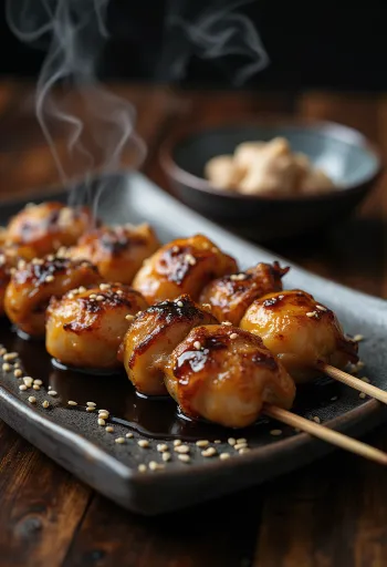 Sunagimo yakitori kycklingmage på spett, serverad med sesamfrön och färsk salladslök