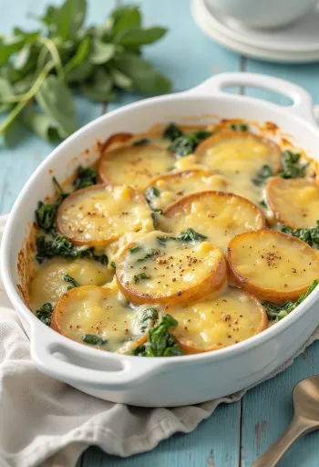 Vegansk spenatgratäng serverad