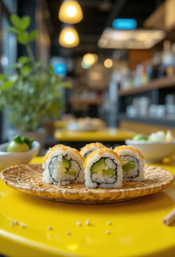 Vegansk sushi med noriblad, avokado och dekorerad med sesamfrön