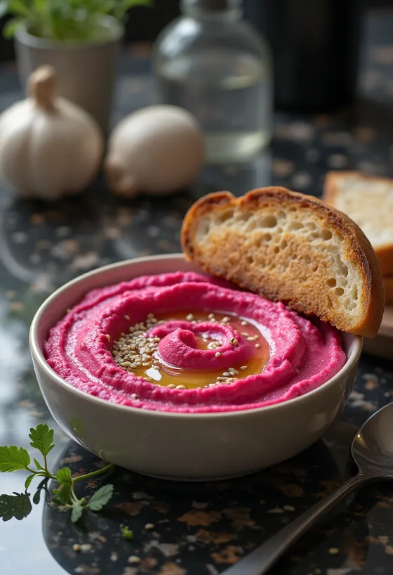 Rödbetshummus serverad med rostat bröd