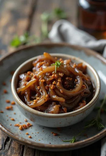 Chilikaramelliserad löksås i en skål, dekorerad med färsk chili.