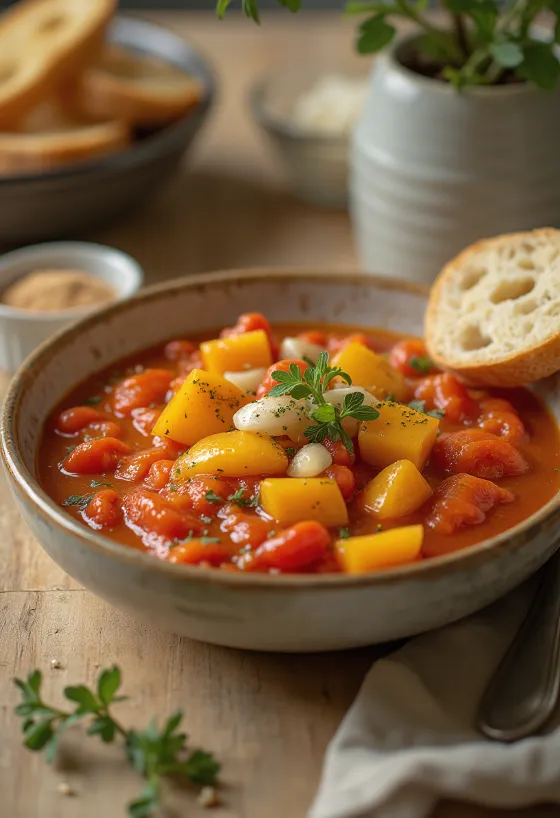 Vitlöks-, mango- och tomatsås serverad