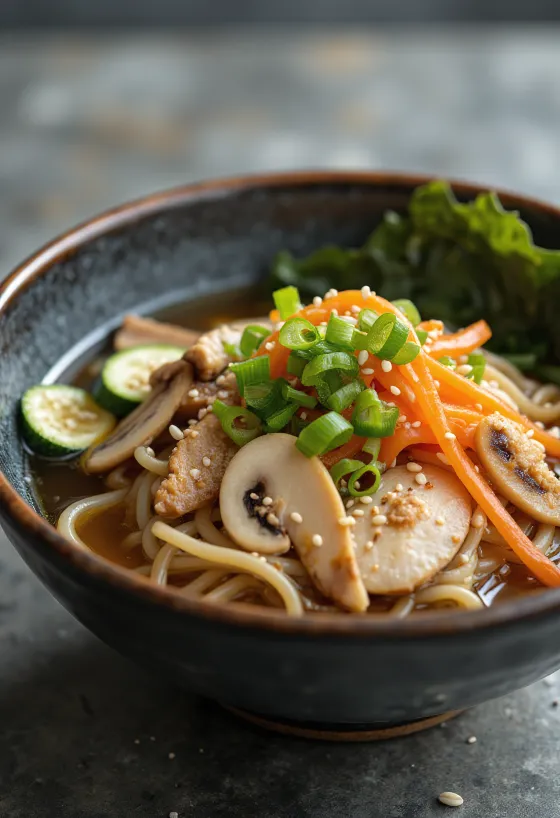 Gomoku udon serverad i skål med udonnudlar, kyckling och grönsaker i sojabaserad buljong