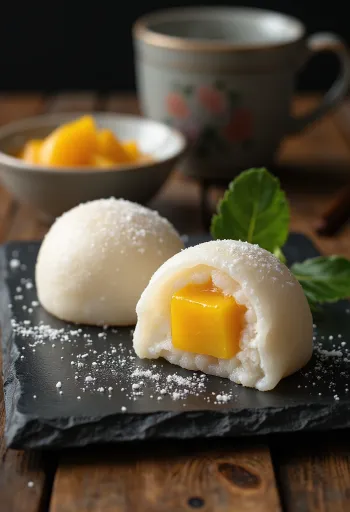 Mochi med mango, krämig fyllning, med färska mangobitar inuti