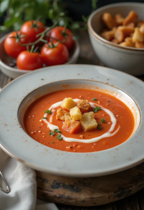 Krämig röd tomatsoppa med basilika i skål