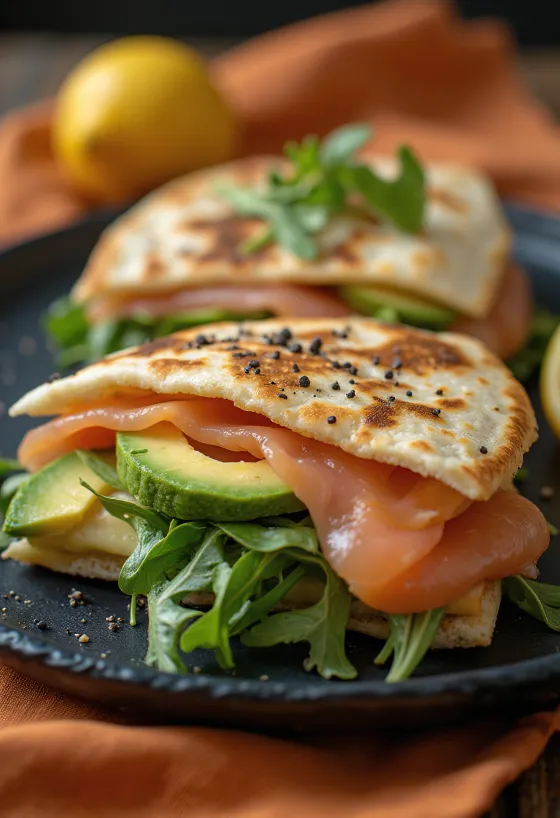 Piadina med lax och avokado serverad
