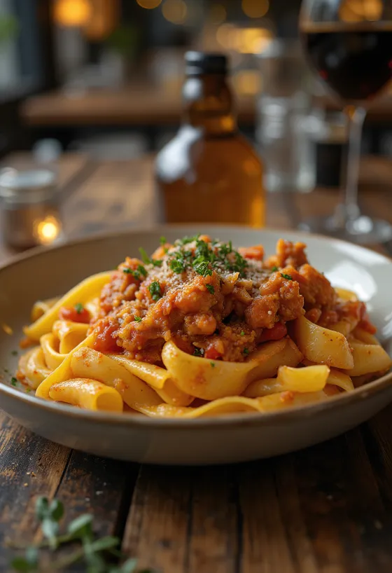 Kaninragu serverad med pappardelle och garnerad med färsk rosmarin