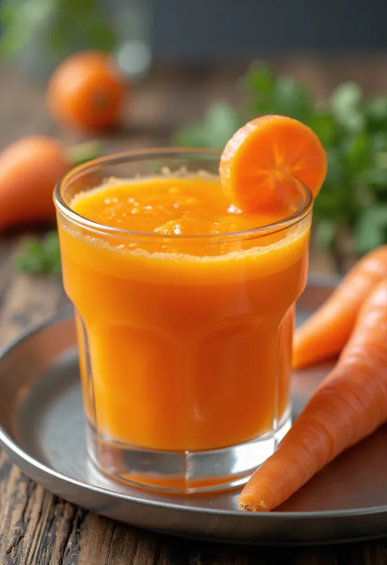 Morotsjuice i högt glas, dekorerad med färsk morot och frukt