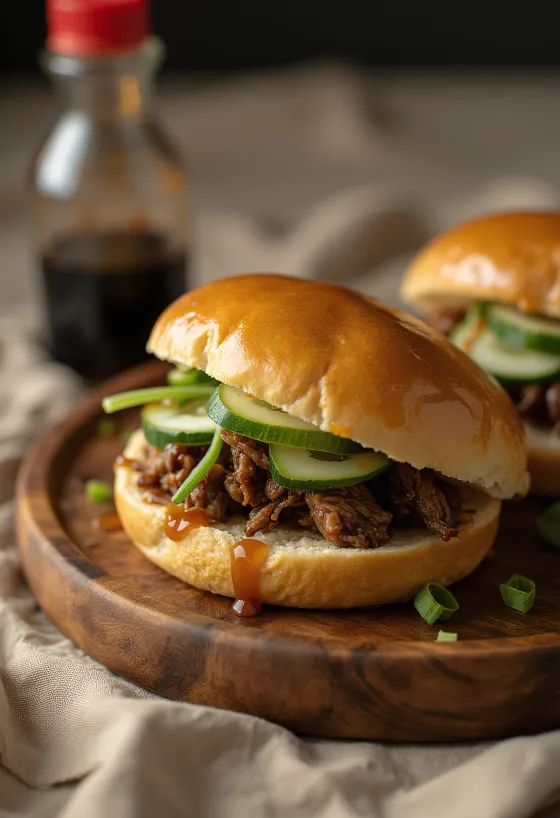 Bao bun med sojamarinerat nötkött serverad på bricka