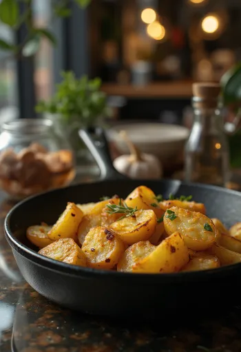 Gyllenbrun, krispig ugnsrostad potatis med färska örter.