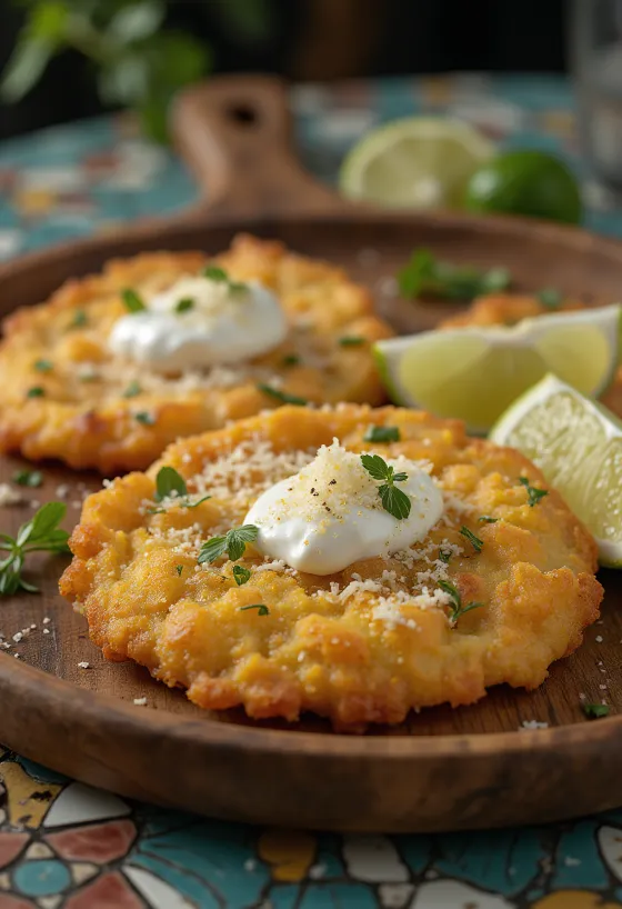 Tostón med vitlökssås, stekt matbanan med vitlöks-gräddfilssås, färsk persilja.
