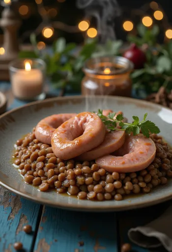 Cotechino, italiensk korv serverad med linser