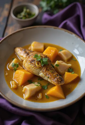 Krokodil- och pumpacurry serverad i en skål med färsk koriander.