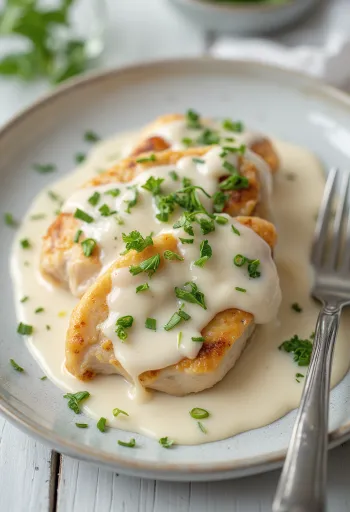 Saftigt kycklingbröst i gräddsås, beströdd med färsk persilja och serverad med pasta.