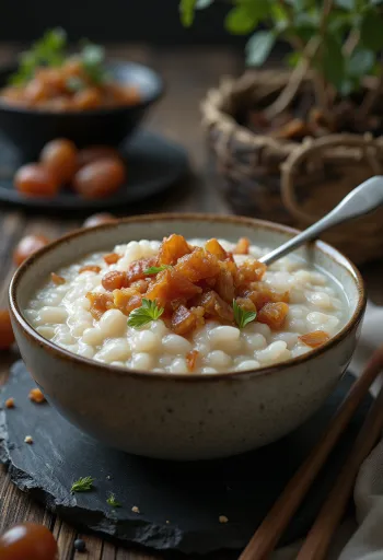 Skål med Dadel-Congee dekorerad med färska dadlar och honung