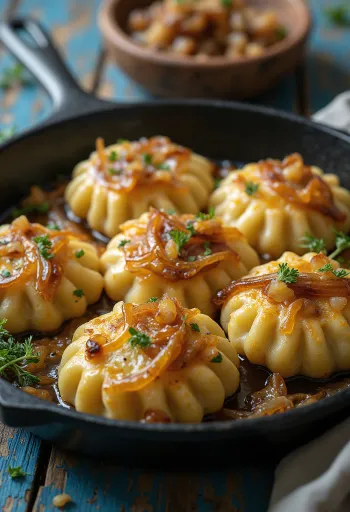 Krispig dödölle serverad med gräddfil och stekt lök