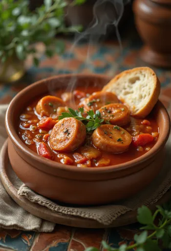 Lecsó med korv serverad med färsk paprika, tomat och rökt korv