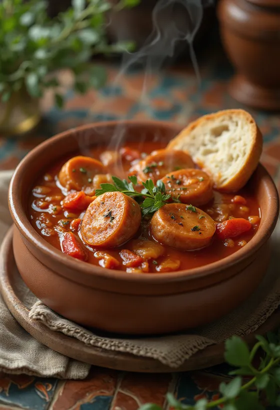 Lecsó med korv serverad med färsk paprika, tomat och rökt korv