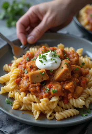 Pörkölt serverad med pasta och gräddfil