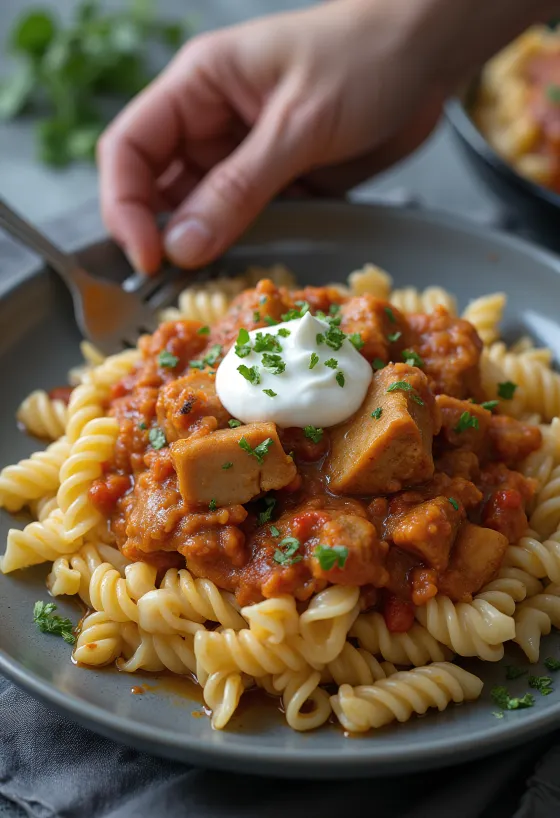 Pörkölt serverad med pasta och gräddfil